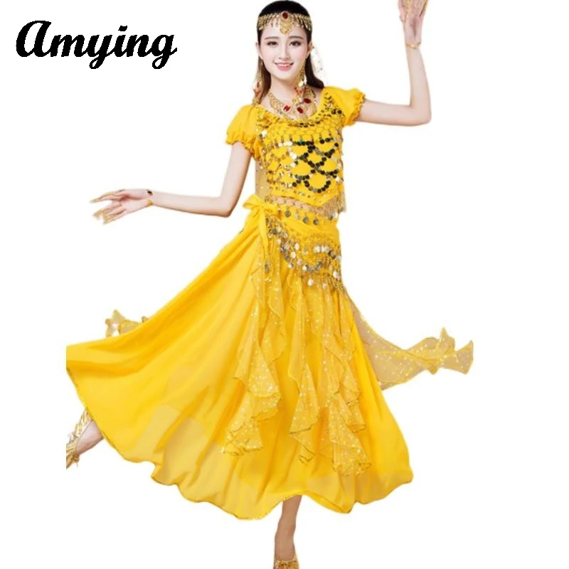 Shining Belly Dance Pendant Coin Short Sleeve Top Ribbon Colorful Skirt Stage Performance Costume Indian Dance Practice Dress