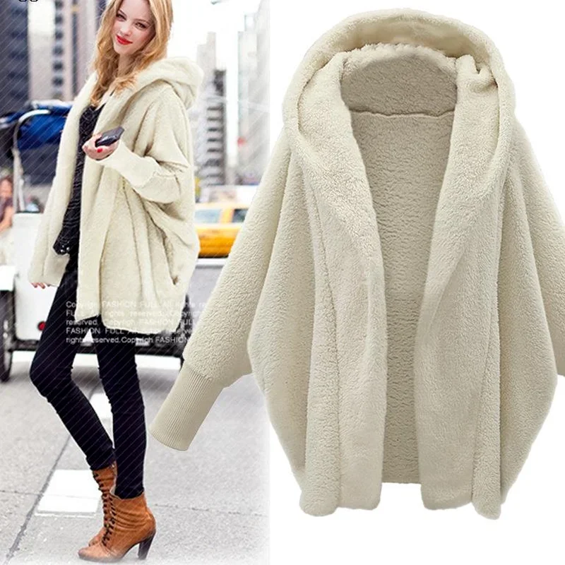 Vestido Fashion Casual Loose Solid Color Full-sleeved Long-sleeved Hooded Loose Plush Jacket New Autumn and Winter Women\'s Coat