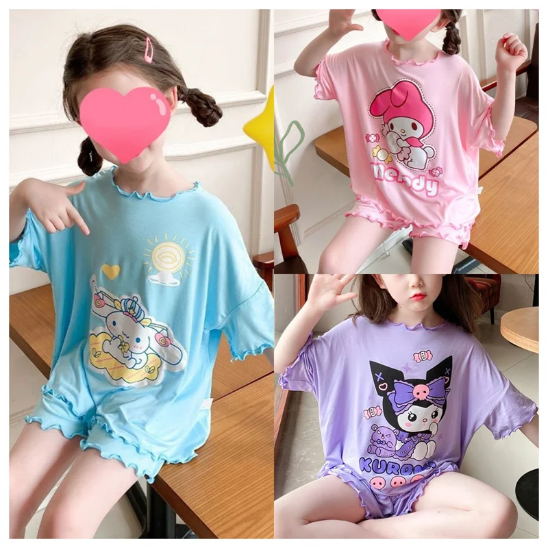 

2024 Summer Childrens Pajamas Sanrio Cinnamoroll Kuromi Kids Short Sleeved Pajamas SuitMy Melody Children Milk Silk Sleepwear