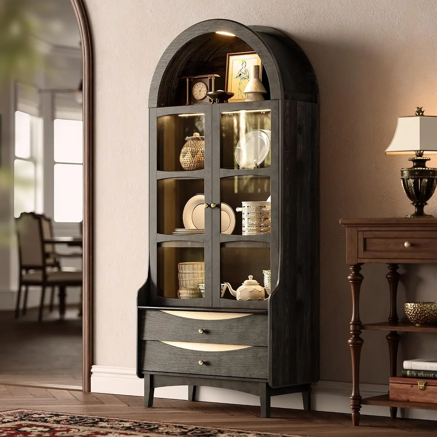 74" Tall Arched Bookshelf with LED Lights,4-Tier Modern Farmhouse Arched Bookcase with Glass Doors and Shelves,Wooden Display Ca - view 3