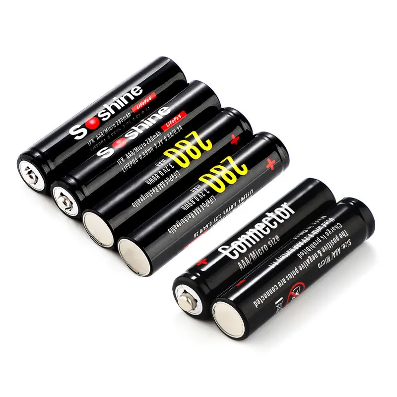 Soshine 4PCS AAA 10440 3.2V 280mAh LiFePO4 Rechargeable Battery with 2PCS Battery Connector