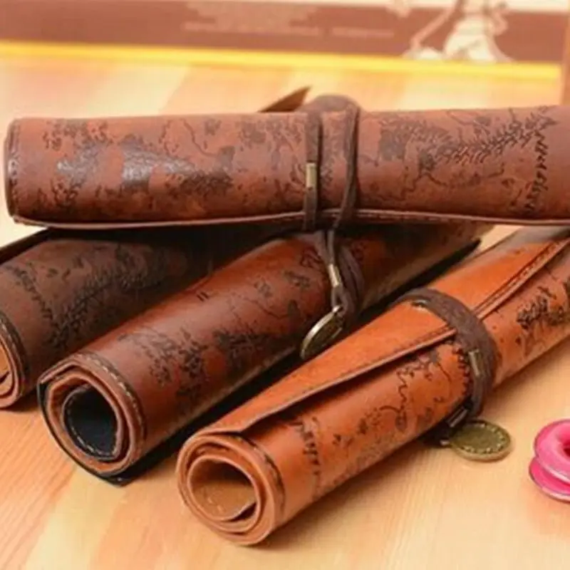 Vintage Imitation Cowhide Leather Roll Up Pirate Treasure Map Pencilcase Office School Supply Woman Cosmetics Storage Bag Gift image 2