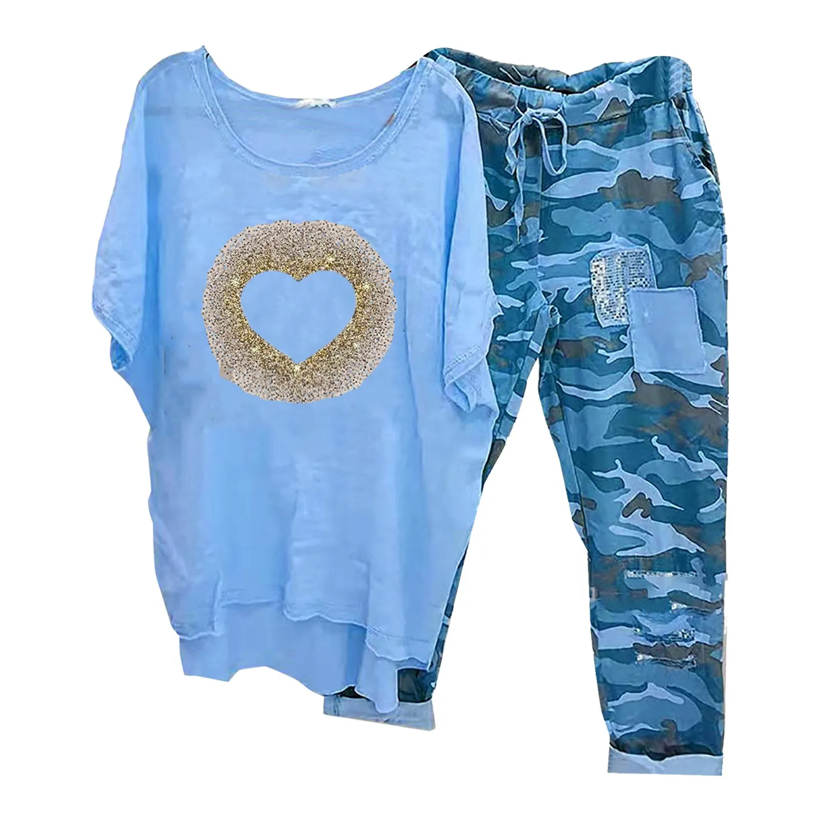 Trendy Women T-shirt Pants Set Half Sleeves Two Piece Suit Women Summer Outfit Plus Size Elastic Waist Sports Outfit Pants Suit