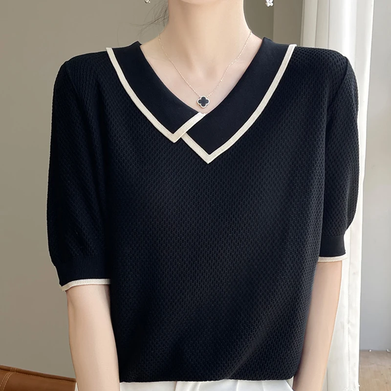 Elegante V-ausschnitt Kurzarm Pullover Für Frauen Sommer Neue Pullover Pullover Dünne Gestrickte Tops Mujer 2025, Koreanische Mode Kleidung