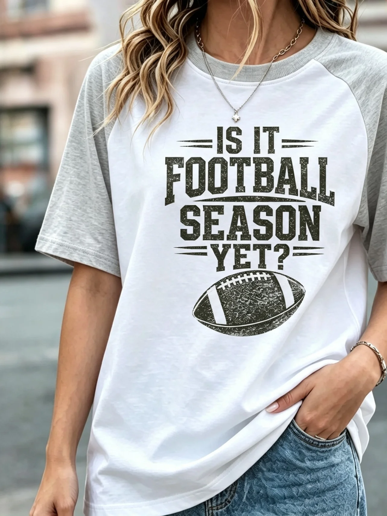 Is It Football Season Yet Vintage Distressed Football Graphic Raglan T‑Shirt, Women Color Block Short Sleeve Game Day Baseball Tee