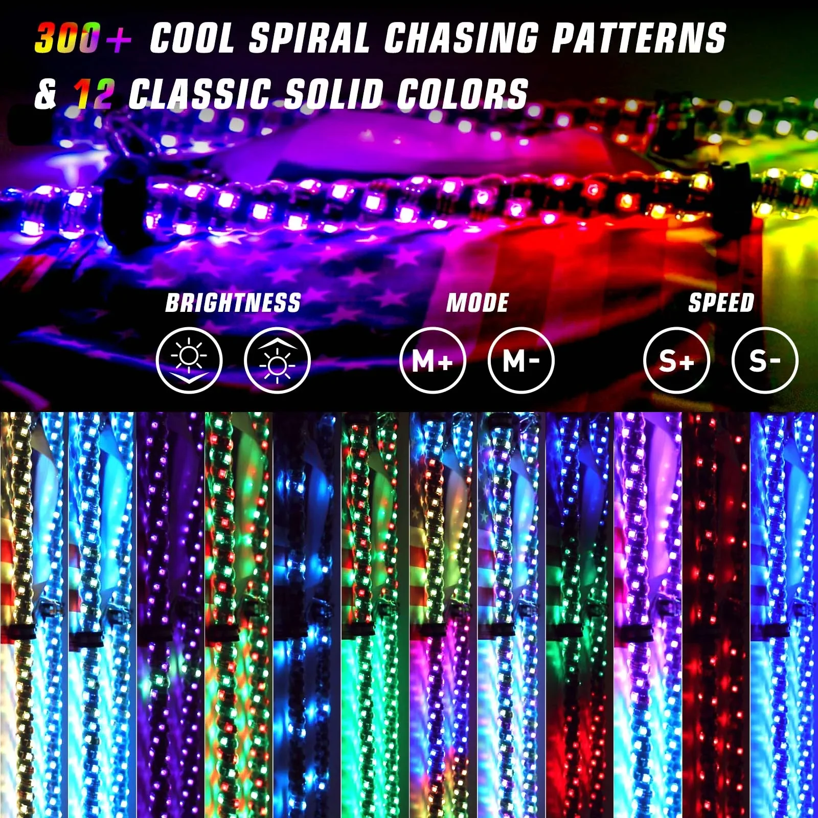 Bluetooth e controle remoto colorido espiral LED chicote luzes, chicotes antena iluminada para ATV Polaris RZR, 4FT, 5050RGB, 2pcs