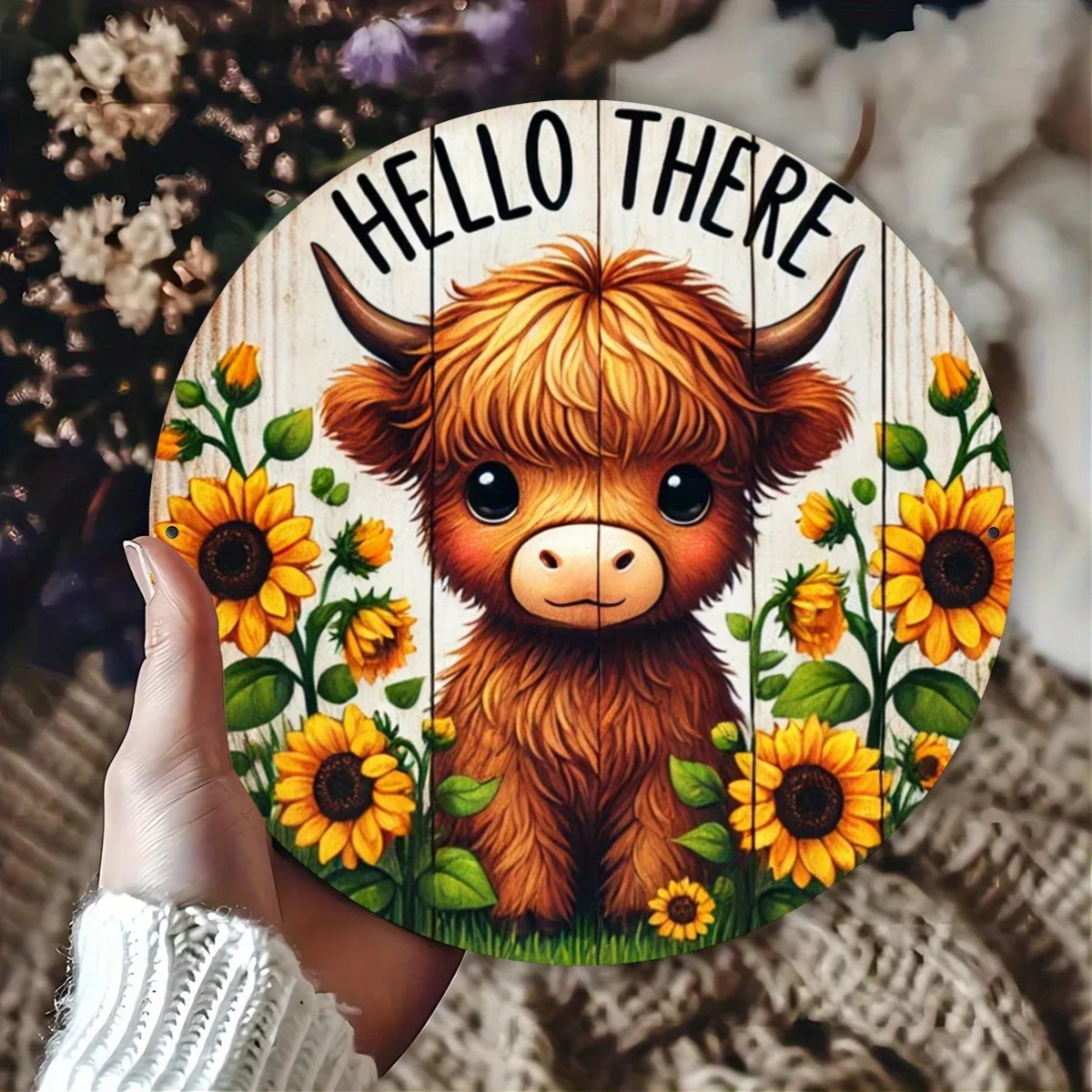 Highland Cow and Sunflowers Wall Art: 8x8 Inch Round Iron Sign with Cute Calf and Blooming Flowers - Perfect for Bar, Cafe, or C