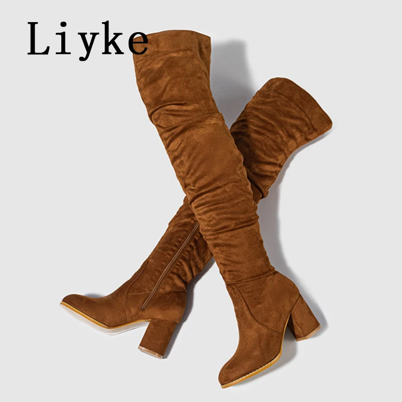 Liyke 2024 New Fashion Round Toe Zip Thigh High Boots Women Autumn Winter Chunky Heels Motorcycle Over The Knee Shoe Botas Mujer