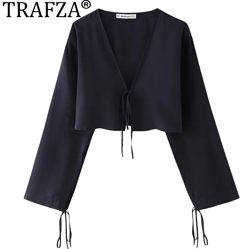 TRAFZA Women Solid Loose Cropped Shirts Top Fashion Woman Versatile Streetwear Female Shirt Tops