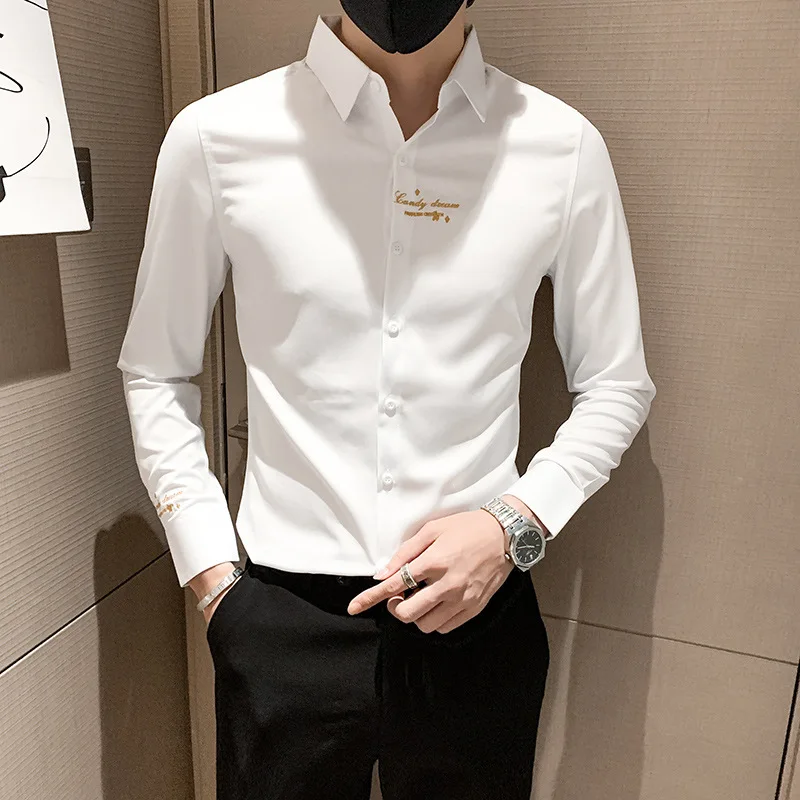 Men's Shirts Long-sleeved Korean Style Trendy Men's Free-iron New Style Handsome Trendy Casual Embroidered Shirt