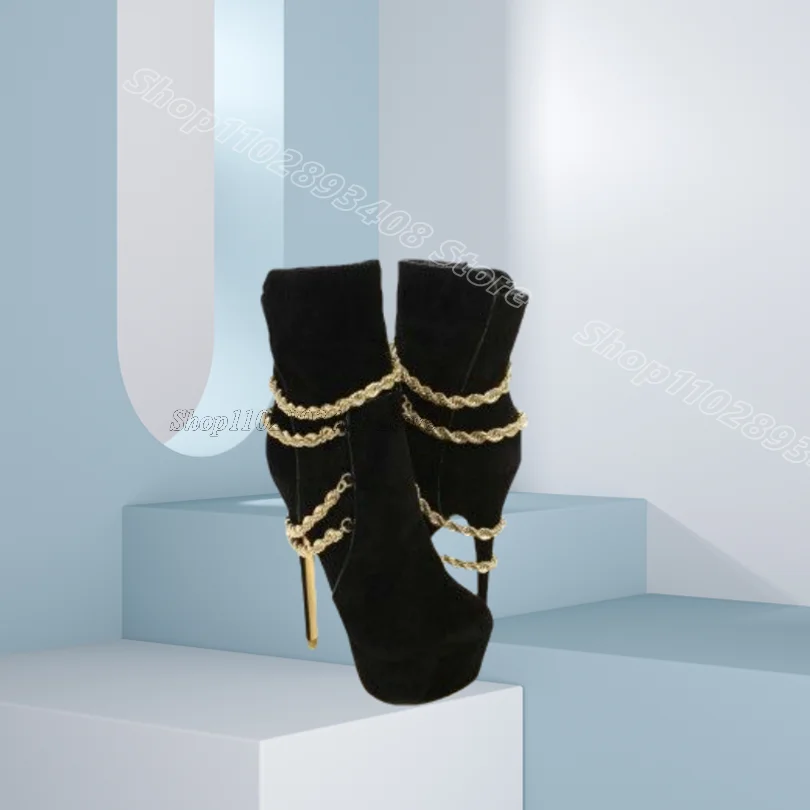 

Black Chain Decor Flock Boots Platform Stiletto Round Toe British Style Party Casual Women Fashion Shoes Zapatos Para Mujere