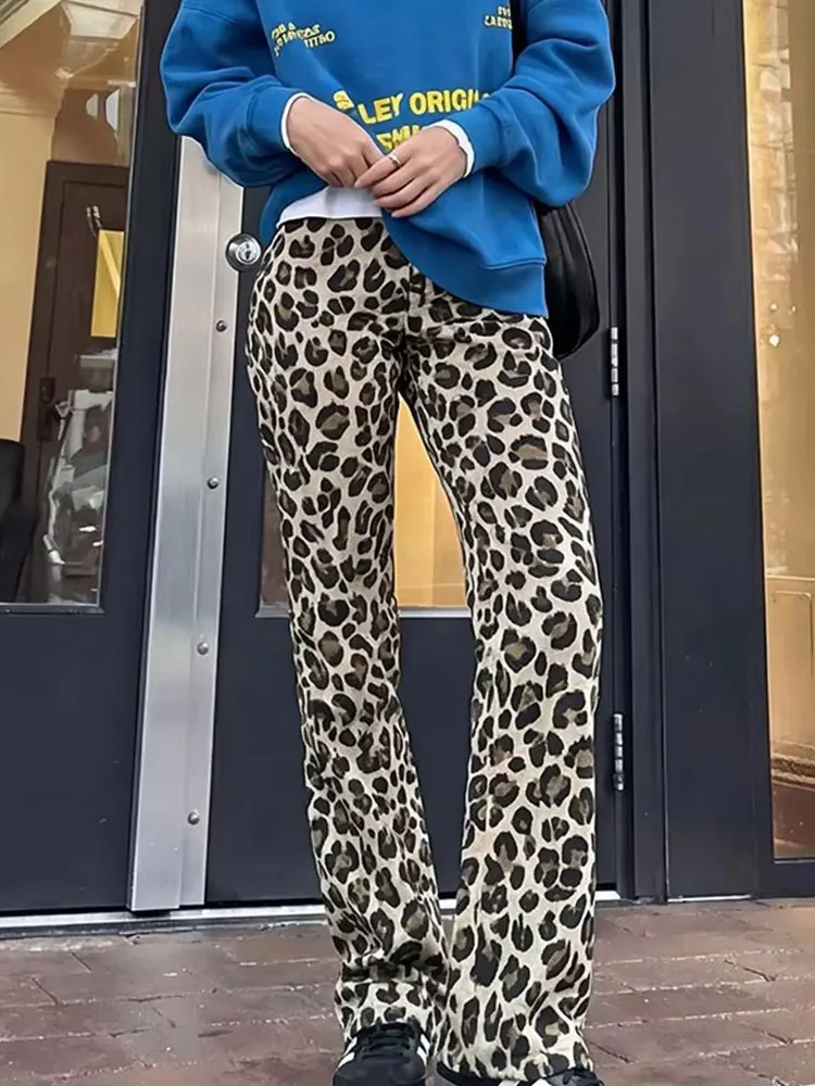 HH Women's Leopard Print Pants Y2K High Waist Wide Leg Trousers Casual High Street Straight Long Pants for Daily Wear