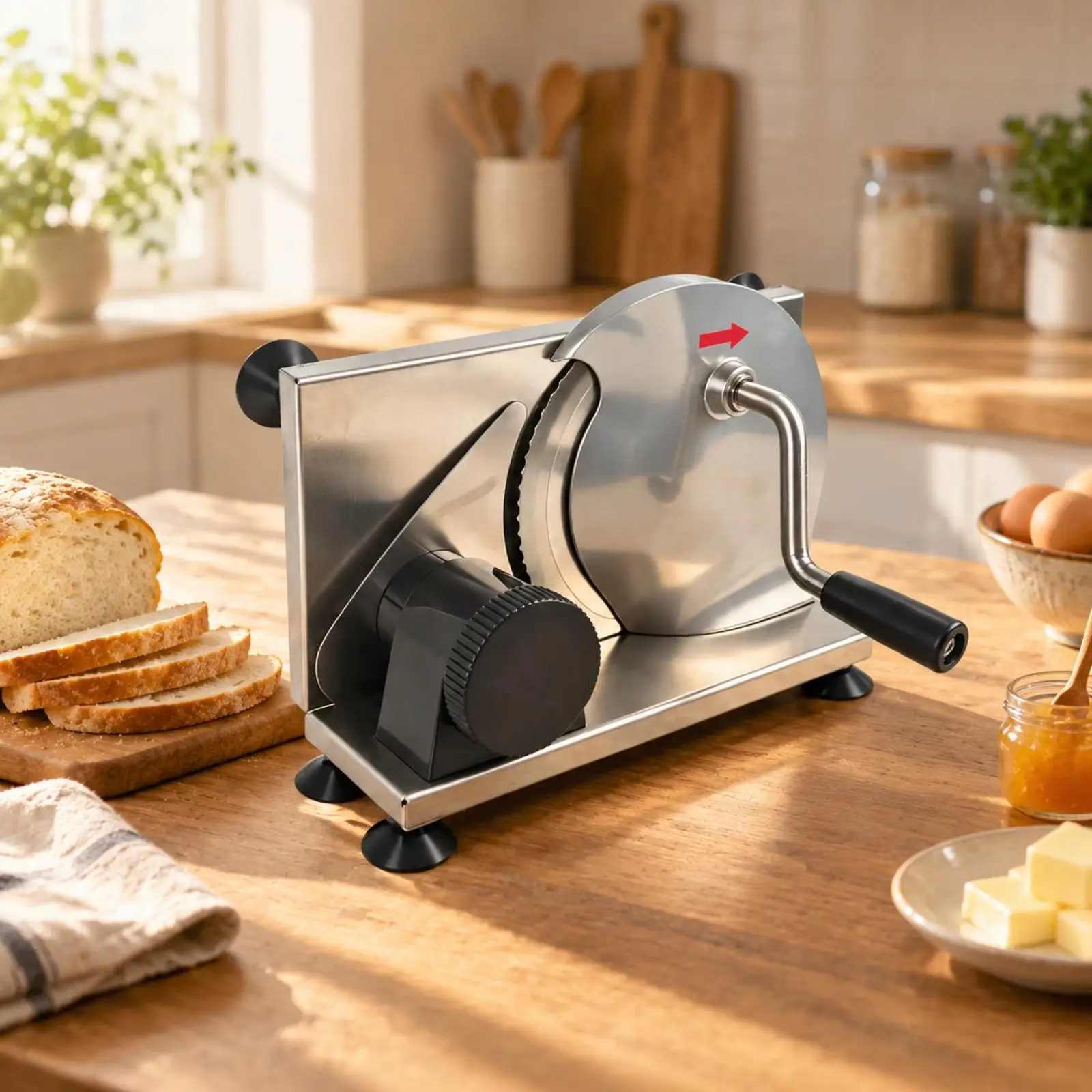 Manual Bread Cutting Tool with Hand Crank Non-Slip Base Stainless Steel Manual Bread Cutting Tool Kitchen Tool Sharp Rust-Proof