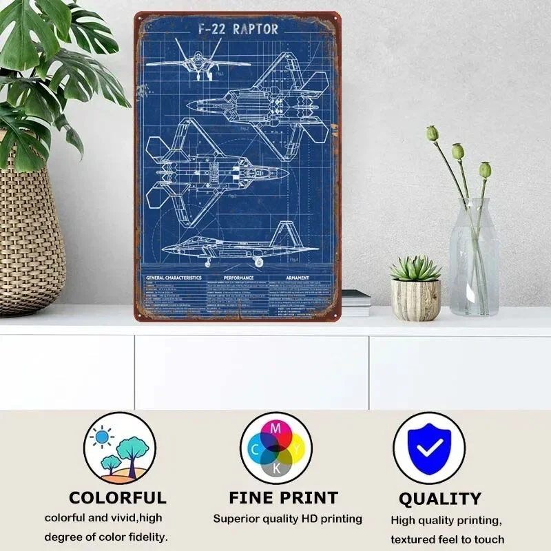 F 22 Raptor Blueprint Vintage Home Decor Items Custom Metal Sign Plate for Pub Club Coffee Bar Garage Retro Wall Decoration Room