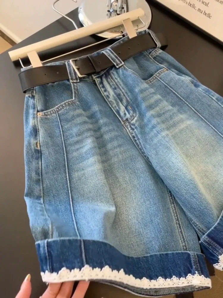 Women's Blue Denim Shorts Vintage 2000s Y2k Gyaru High Waist A-Line Jeans Shorts Lace Patchwork Hot Cowboy Pants Shorts Summer