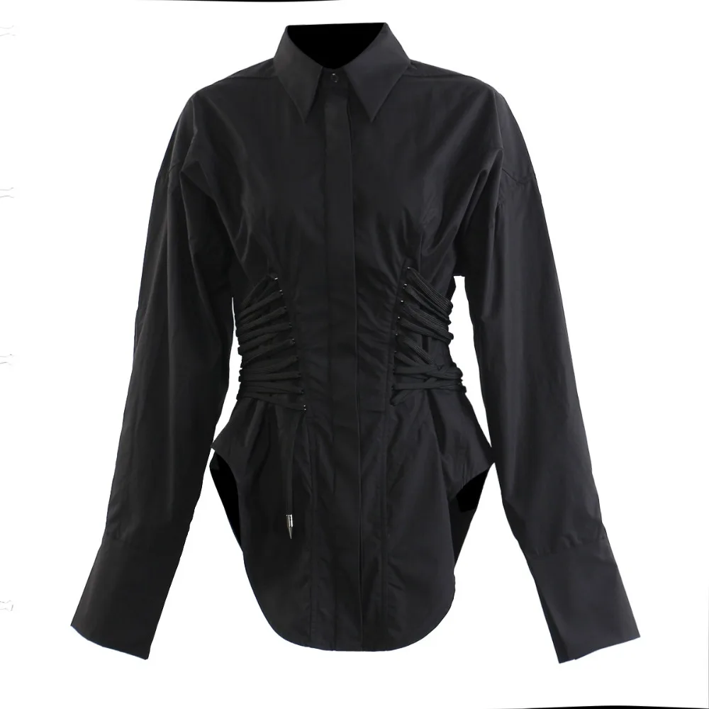 High Street – chemises blanches et noires pour femmes, chemise amincissante avec cordon de serrage, veste Streetwear, printemps et été