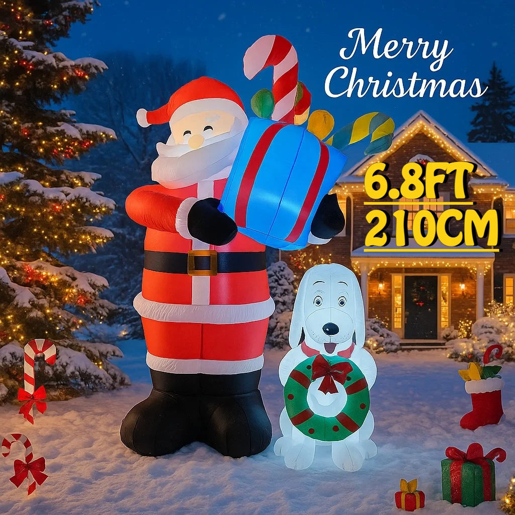 6.8FT Santa Claus Dog Inflatable Christmas Decoration Xmas Ornaments Lights Home Yard Holiday Party Outdoor Holiday Decor Toy