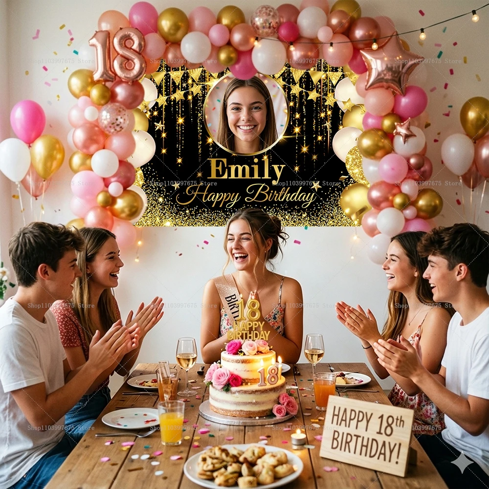 Personalisierter Foto-Geburtstags-Hintergrund in Schwarz und Gold mit Glitzerlichtern für Party-Wanddekoration – Detail 4