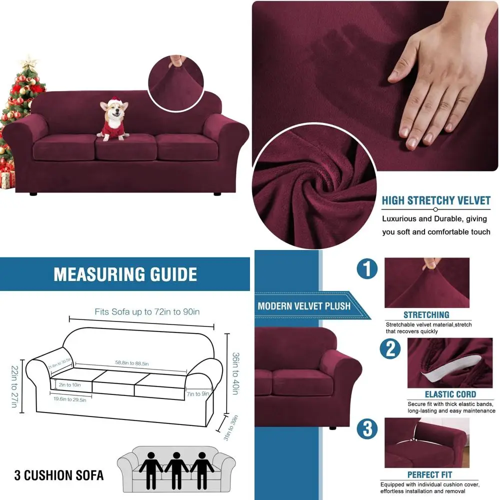 

Luxury Velvet Plush Sofa Slipcover - High Stretch 4 Piece Sofa Cover Furniture Protector Thick Velvet Couch Protector