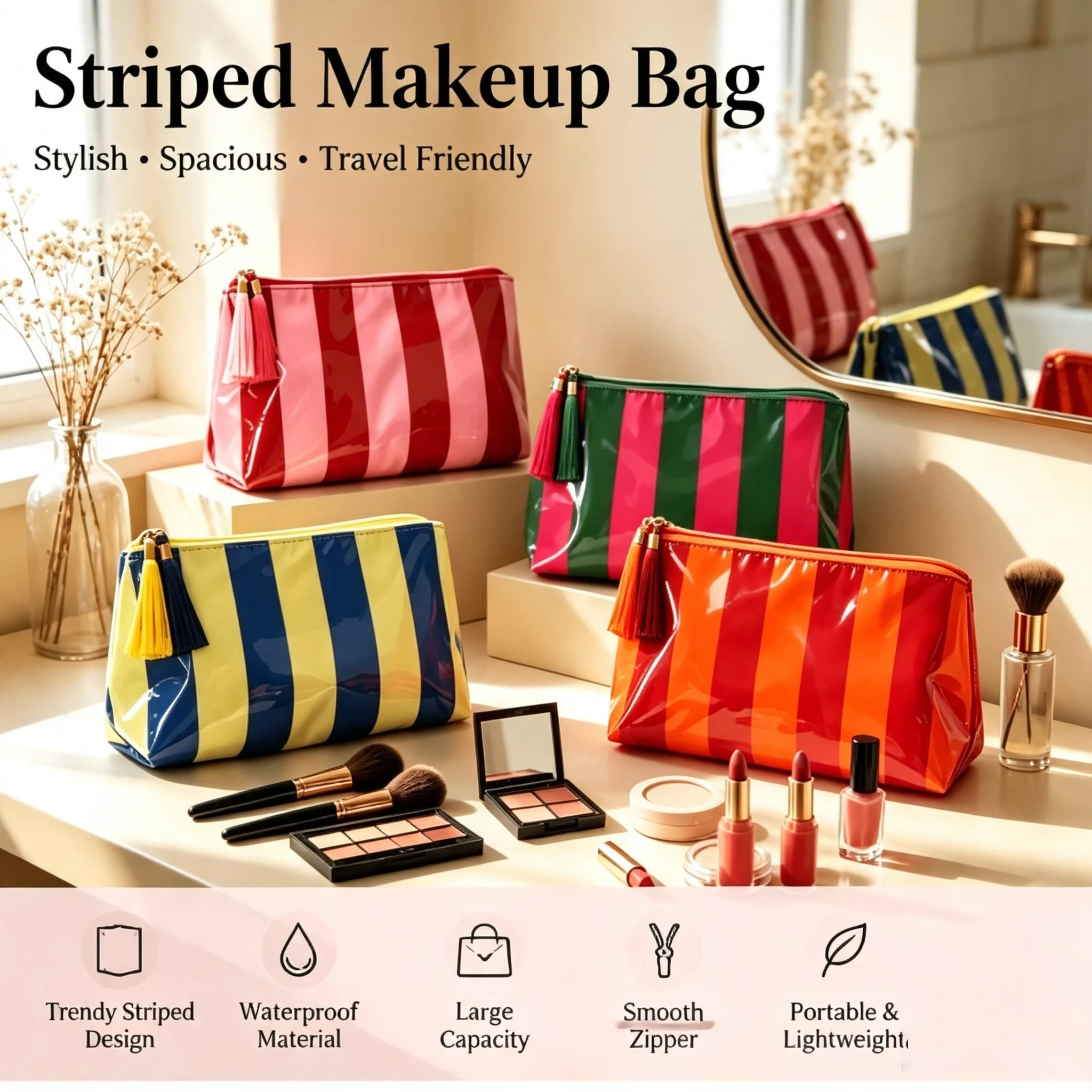 Striped PU Tassel Zipper Makeup Bag Multi Colored Striped Design Large Capacity Portable Travel Skincare Grooming Storage Bag