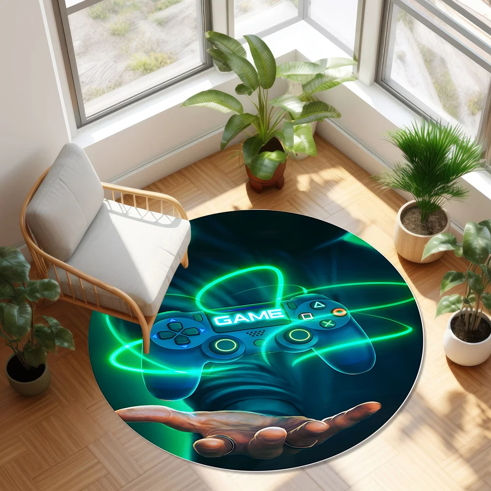 Cartoon Gamer Game Controller Round Area Rug Circle Carpet for Living Room Children's Bedroom Sofa Decor Gaming Style Floor Mat