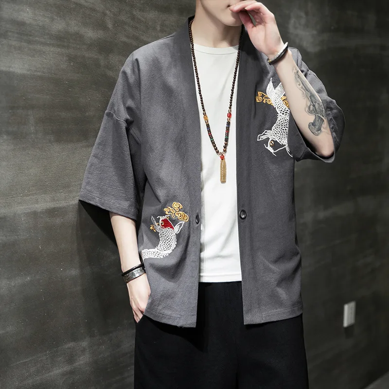 

Cotton Linen Kimono Cardigan Men Japanese Male Yukata Haori Thin Causal Samurai Clothing Traditional Streetwear Jacket