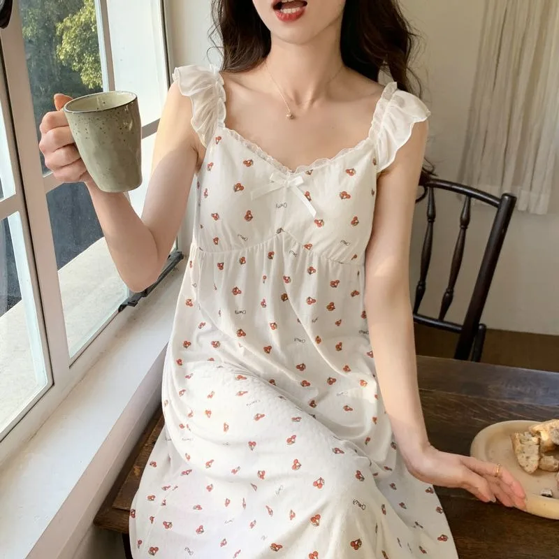 

Women Suspended Nightgown Sleeveless Chest Pad Jacquard Cotton Knee Length Summer Pajama Korean Version Sweet Lace Home Dress