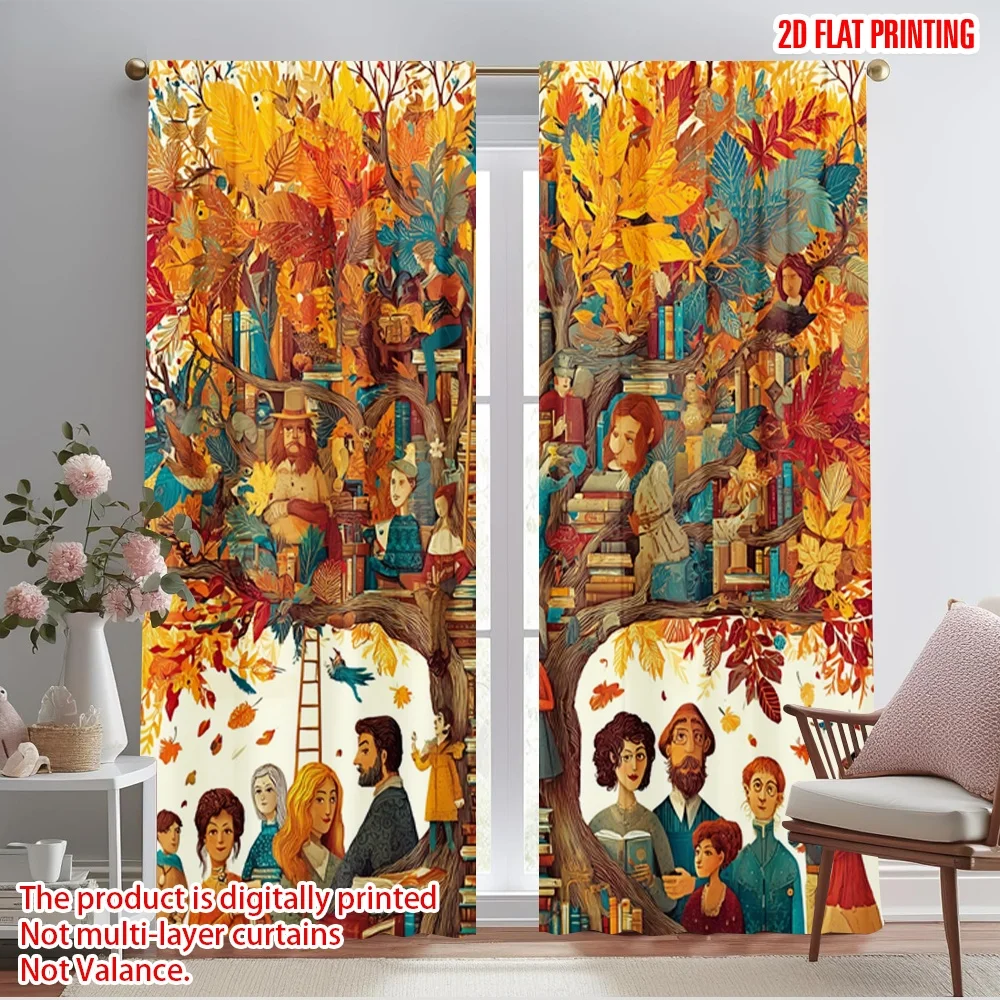 

2pcs,2D plane printing Curtains Digital Printed People Reading Books Under The Colorful Polyester Fabric (without rod) Festive
