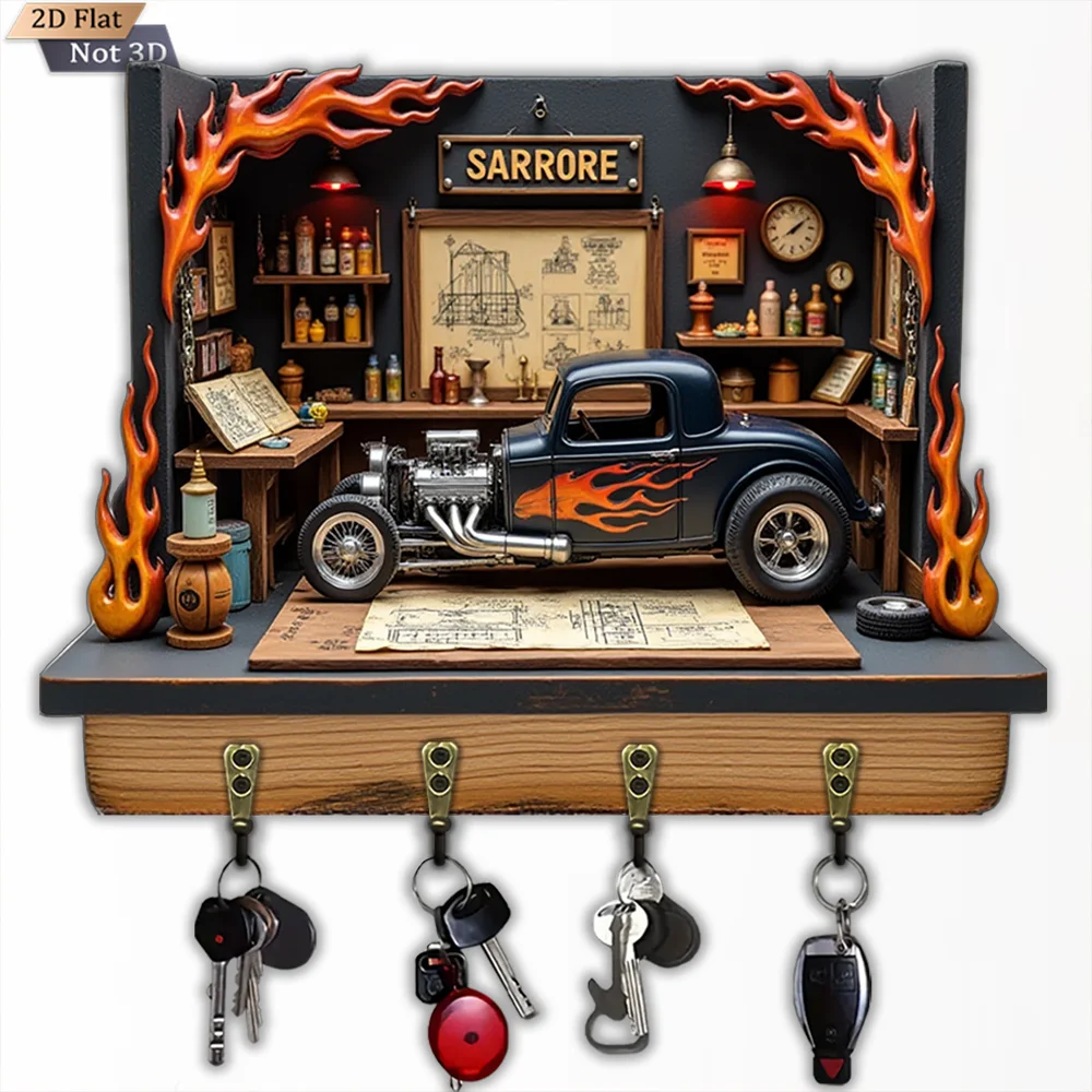 2D Flat, 1pc, Flame Car Key Hook, Wooden Multifunctional Home House Key Hook with 4 Metal Hooks, Wall Decoration, Porch
