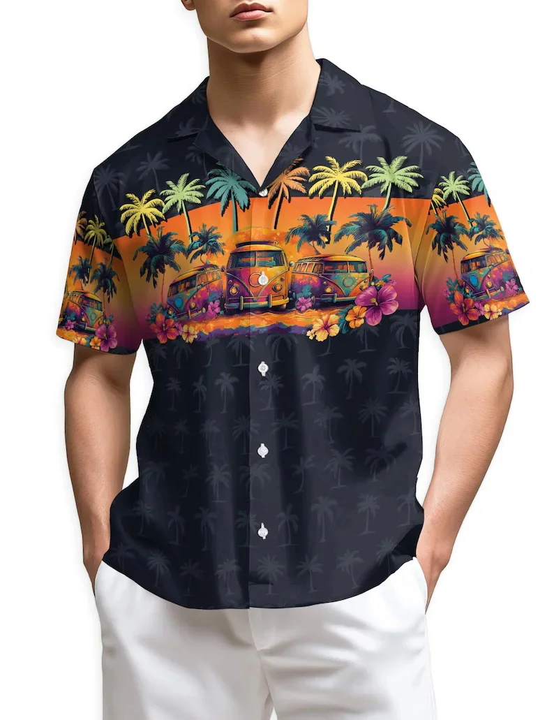 

Мужская рубашка в гавайском стиле с принтом пальм и тропического гибискуса, короткий рукав, на пуговицах, для пляжного отдыха