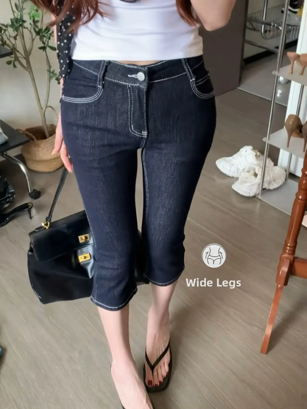 

Slim Fit High Waist Capri Jeans Elastic Casual Wide Leg Seven-Foot Pants Tapered Denim Casual High Waist mid Stretch