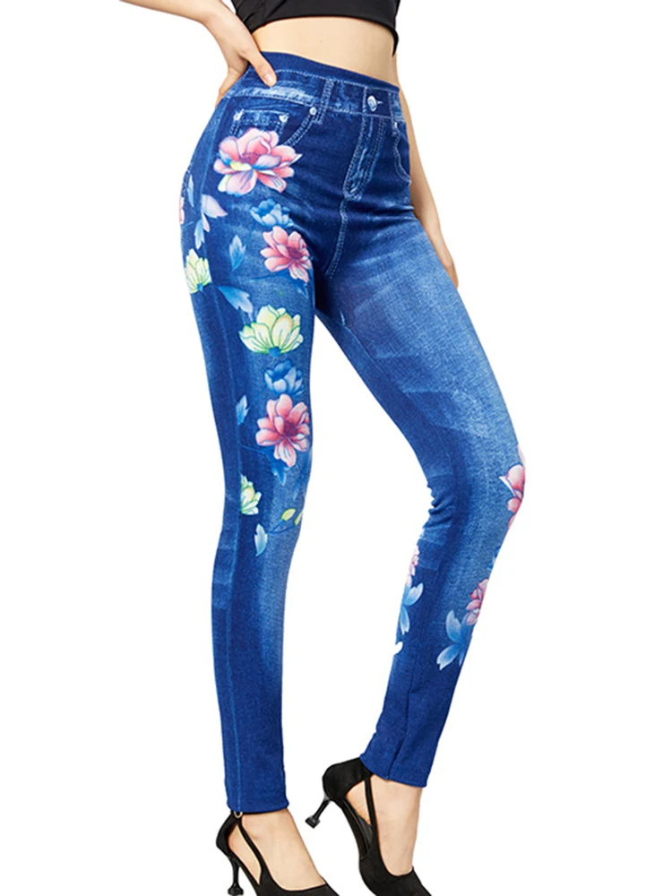 Design Floral de cintura alta feminina Jeans elásticos Jeans Falsos Leggings, Calças Lápis, Push Up Denim