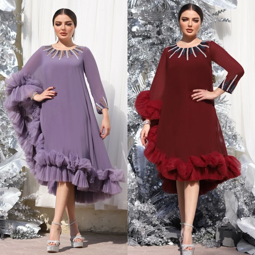 فستان سهرة مخصص للمرأة بأكمام طويلة ورقبة دائرية فساتين متوسطة الطول لامعة على شكل حرف A أنيقة للحفلات الراقصة