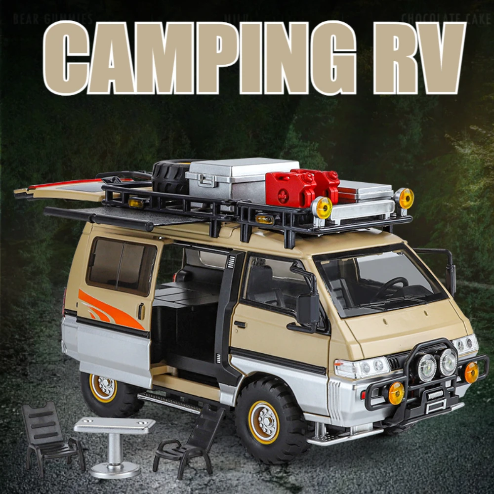 

1:24 Mitsubishi‌ Delica Camping RV Car Model Toy Shock Absorption Door Opened Music Light Off-road Vehicle Models Christmas Gift