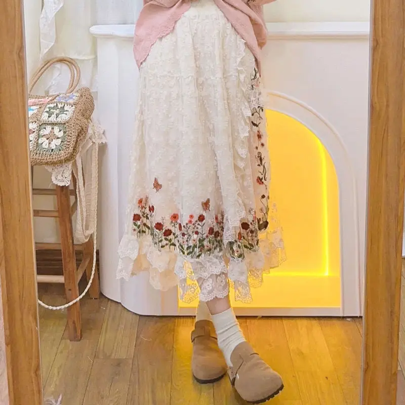 Flower Embroidery Cotton Linen Skirts Women Spring Summer Japanese Style Mori Girl Elastic Waist Loose Lace A-line Skirt