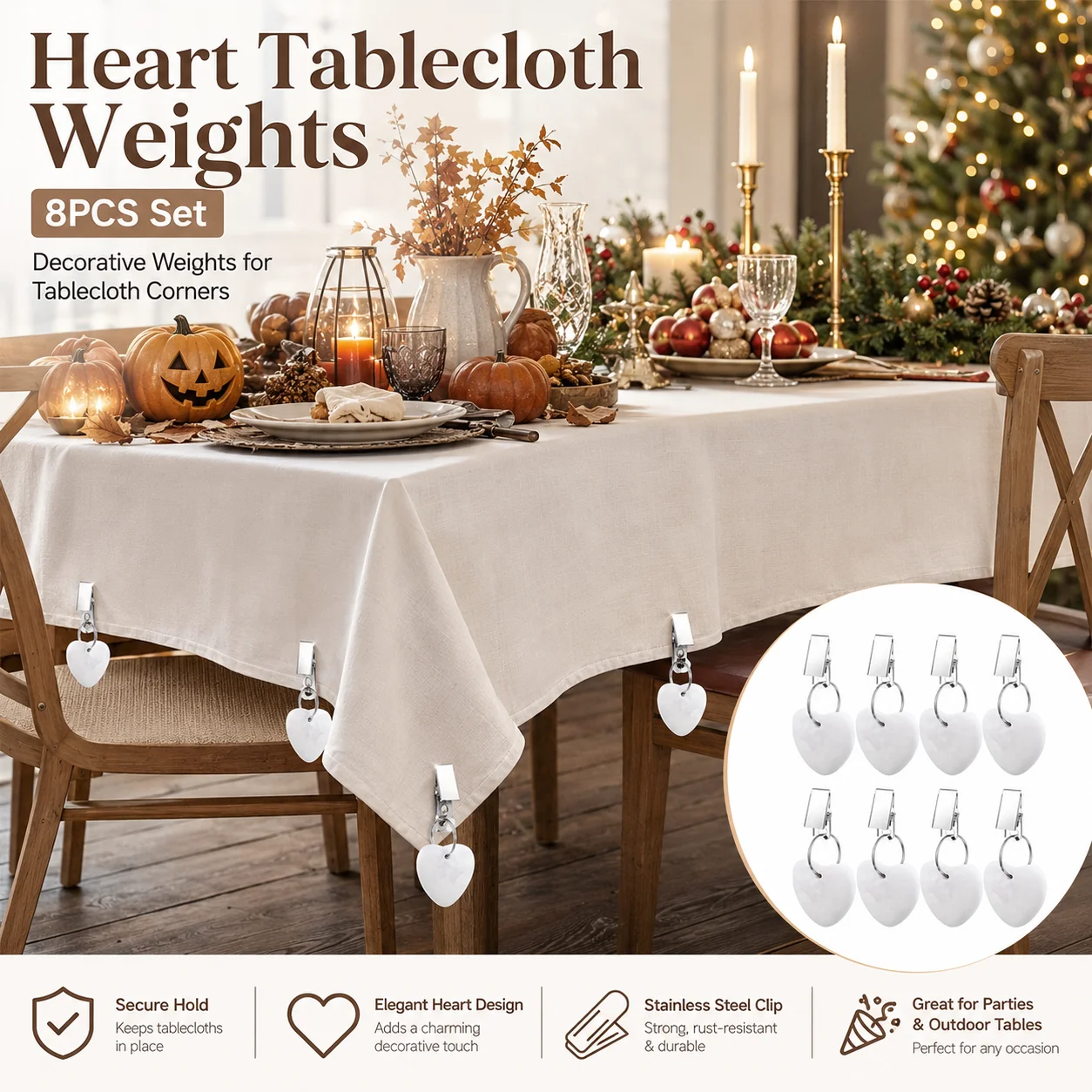 8PCS Heart Tablecloth Weights White Stone Pendant Metal Clips Table Cover Holders for Outdoor Picnic Wedding