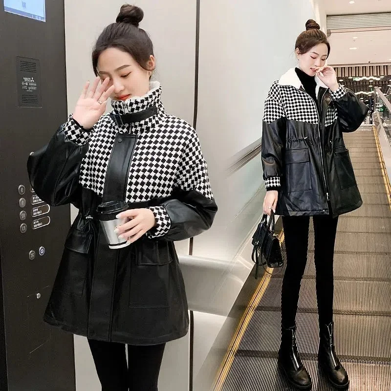 Add Velvet Thick Pie to Overcome Outerwear Women's Long pu Leather Checkerboard Stitching 2022 Winter New Cotton Clothing Tide X