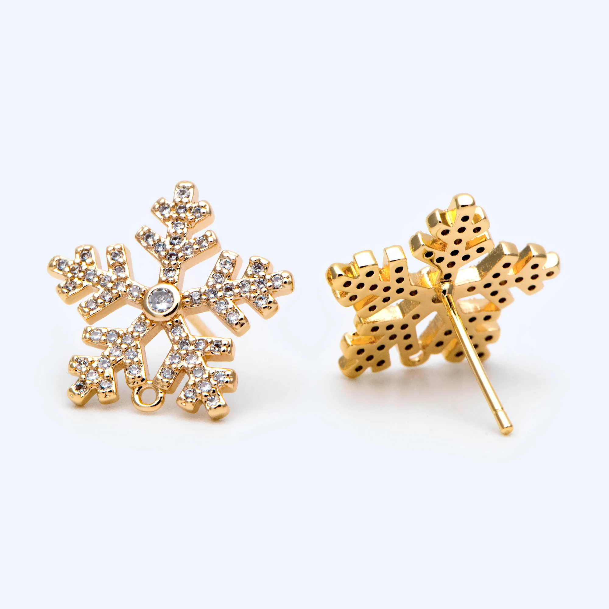 4pcs CZ Paved Gold Snowflake Ear Posts 15mm, Earring For Jewelry Making Diy Material Supplies Findings (GB-1737)