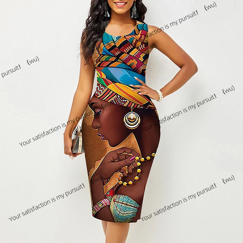 

ZOCI-African Style Black 3D Printed Knee Dress, Women's Slim Sleeveless Evening Dress, Elegant Formal Settings Dress