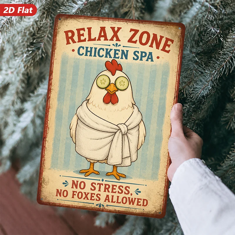 2D Flat, 1pc Chicken Spa Relax Metal Sign Wall Art, Relax Zone Text, Suitable for Bedroom Studio, Chicken In Towel, Cucumber Eye