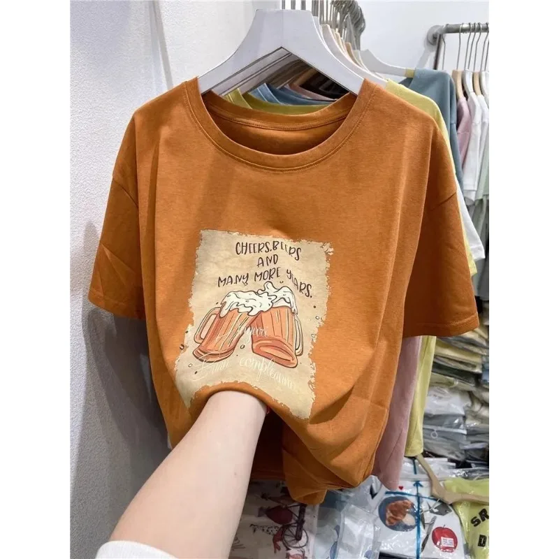 Women's Orange T-Shirt Casual Crew Neck Short-Sleeve Beer Print Loose Fit Top