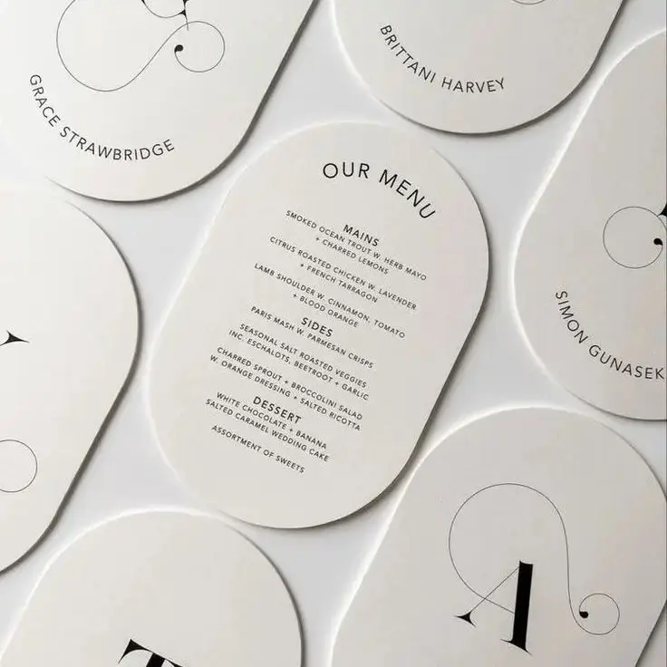 Niestandardowa karta z podwójnym nadrukiem Save The Date, nowoczesna owalna pocztówka, eleganckie zaproszenie z podziękowaniem w kształcie łuku, menu dla gości weselnych