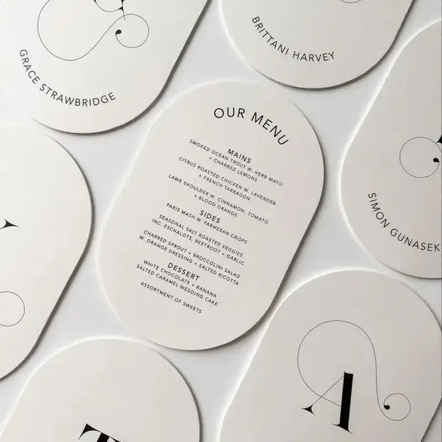 Niestandardowa karta z podwójnym nadrukiem Save The Date, nowoczesna owalna pocztówka, eleganckie zaproszenie z podziękowaniem w kształcie łuku, menu dla gości weselnych
