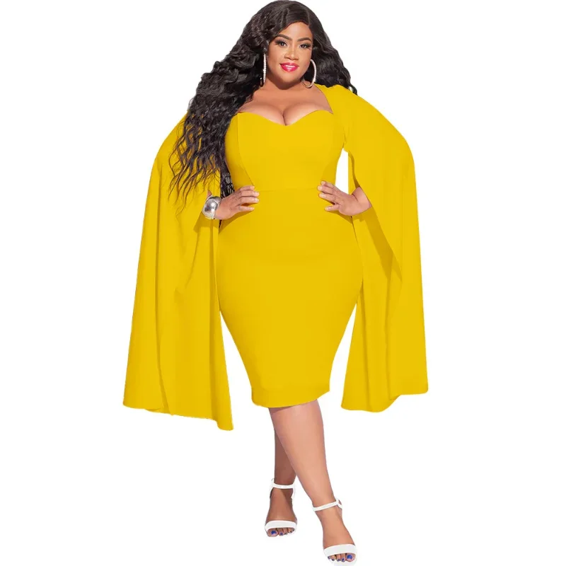 KEXU Fashion Plus Size Women Clock Long Sleeve Bandage Bodycon Knee Length Curve Dress Evening Sexy Party Club Dresses