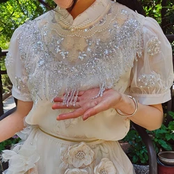 Luxury Chinese Style Floral Embroidery Pearls Beaded Tassels 3D Flowers Chiffon Shirts Fairy Stand Collar Sequined Blouses Tops