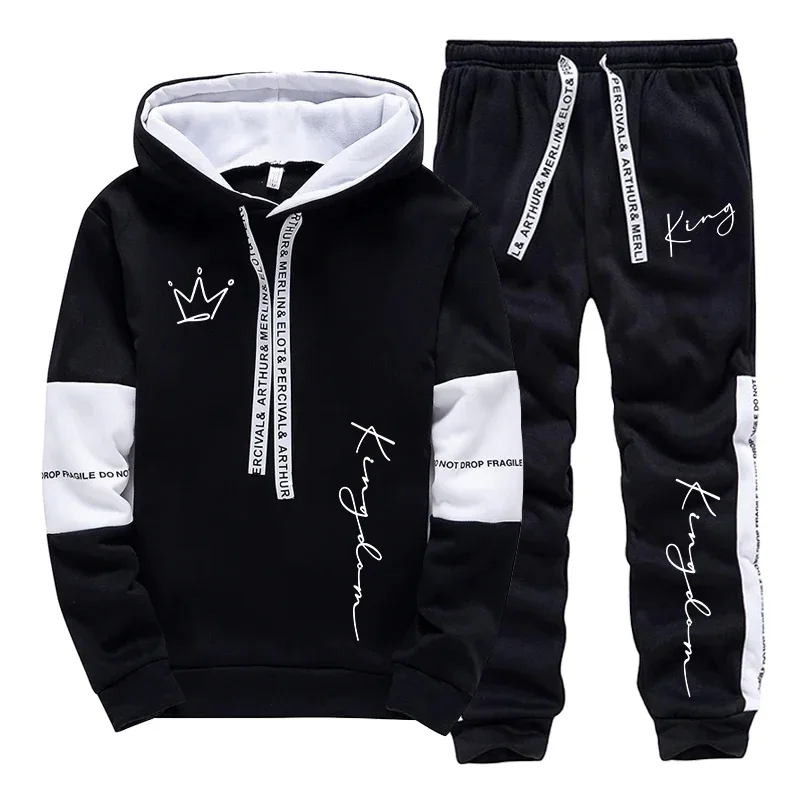 KING Letter Print Men's Set Hooded Sweatshirt Sweatpants Urban Casual Fashion Sportswear Male Home Outdoor Trendy Hoodie Outfits