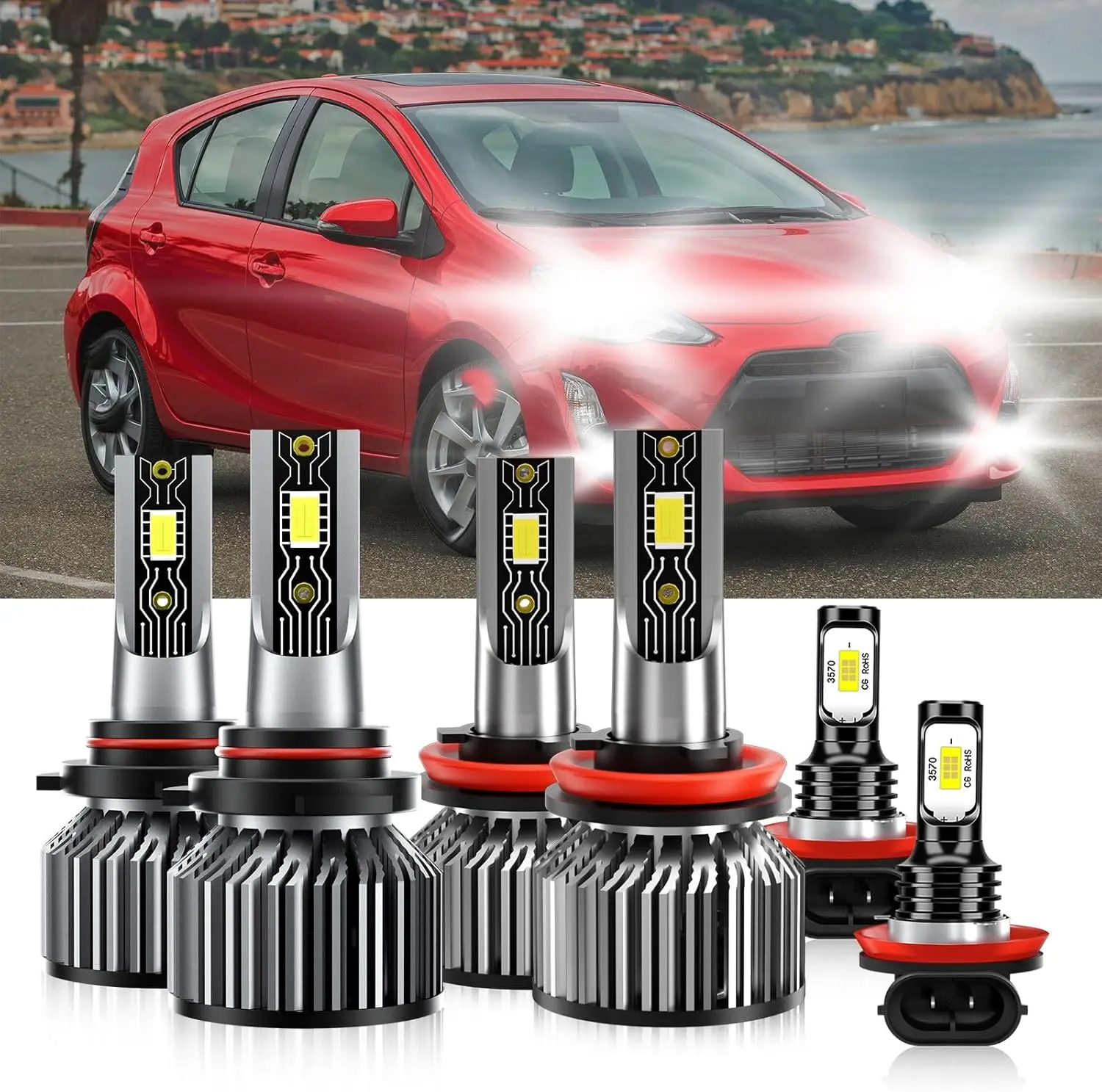 Compatible For Toyota Prius C 2012-2014 9005 H11 High/Low Beam H11 Fog Light Bulbs, 600% Brightness 6500K White with Cooling Fan