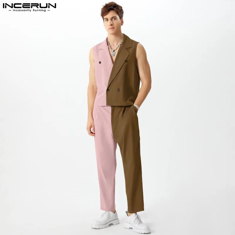 Handsome Men Two-piece Colorblock Suits INCERUN Causal Sleeveless Button Tops Pockets Ninth Trousers Suits Daily Loose Outfits