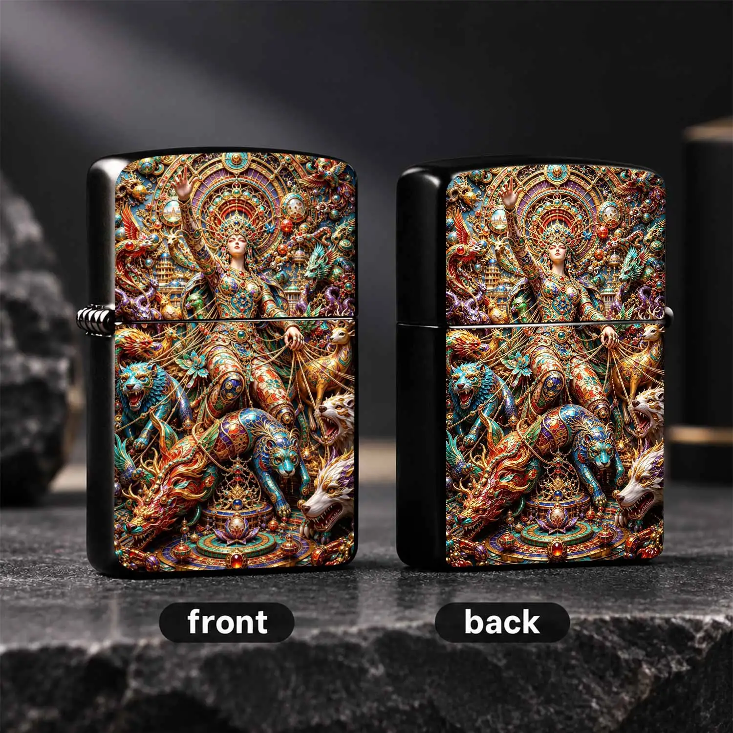Exquisite Enamel Mythic Deity Pattern Lighter, Gilded Inlaid Gem Style Ornate Fantasy Lighter Surrounded By Magical Beasts, All-Scenario Adaptable Delicate Gift, Collectible Creative Portable Practical Accessory For Daily Use A Humorous And