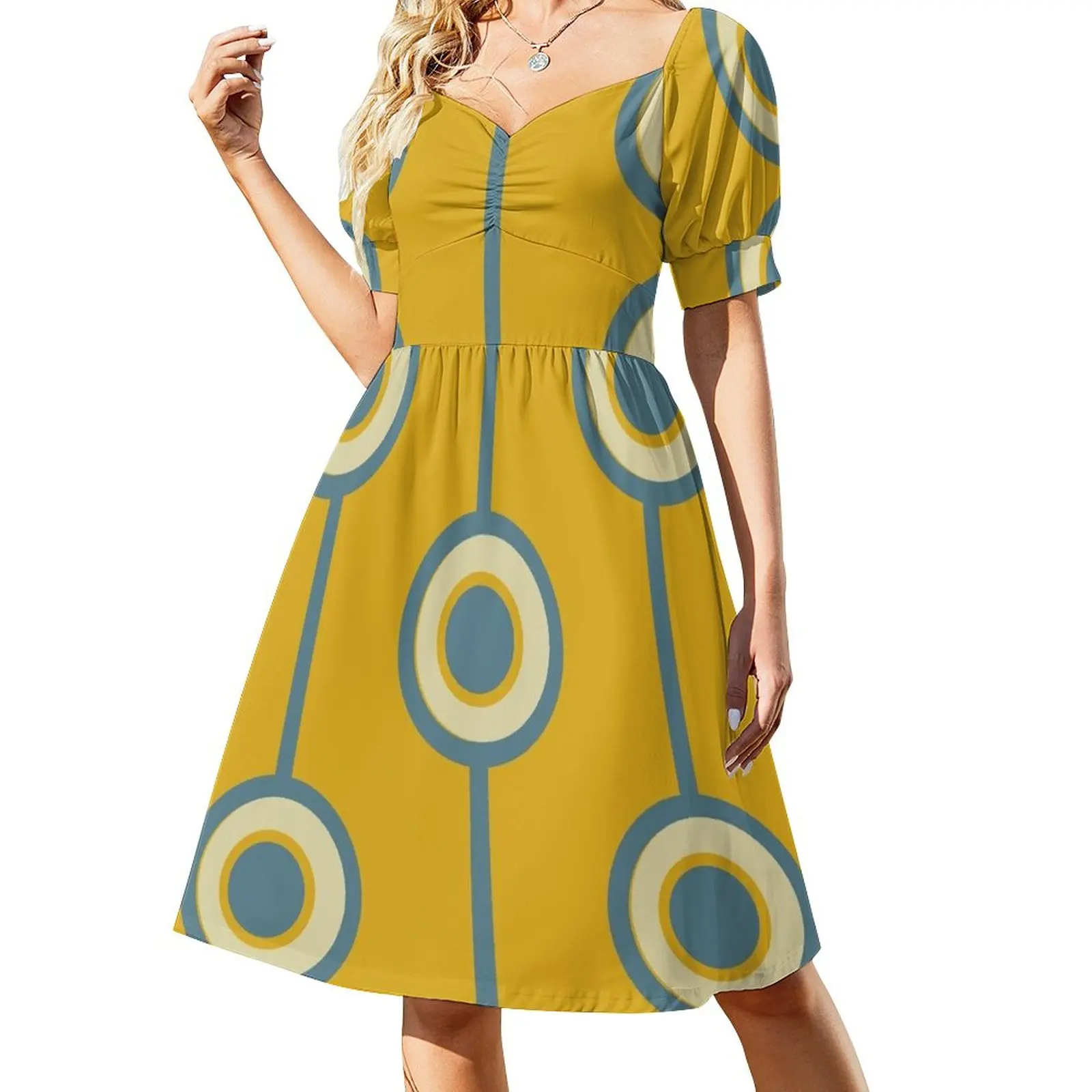 60s Vintage Retro Groovy Hippie Circle Classic Mustard Yellow Pale Teal Sleeveless Dress dress summer 2023 women